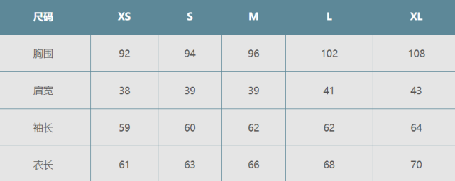 胸圍在94(cm);腰圍在75(cm)左右,那麼,適合他的羽絨服尺碼是s碼