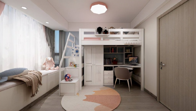 上下床的设计可以在小空间里面满足多种功能的需求,飘窗台的设计也给