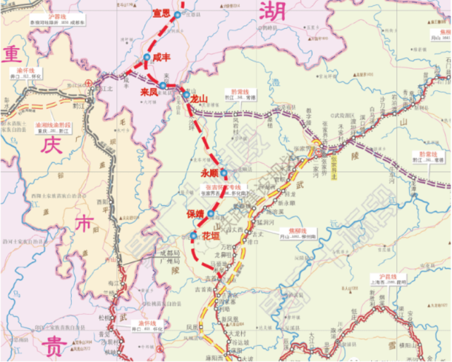 来凤县,湖南省龙山县,保靖县至吉首市,规划为国家Ⅰ级铁路,正线