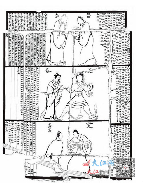 铜镜背面孔子等圣贤漆木摹本.正面漆木边框与镜盖复原摹本.