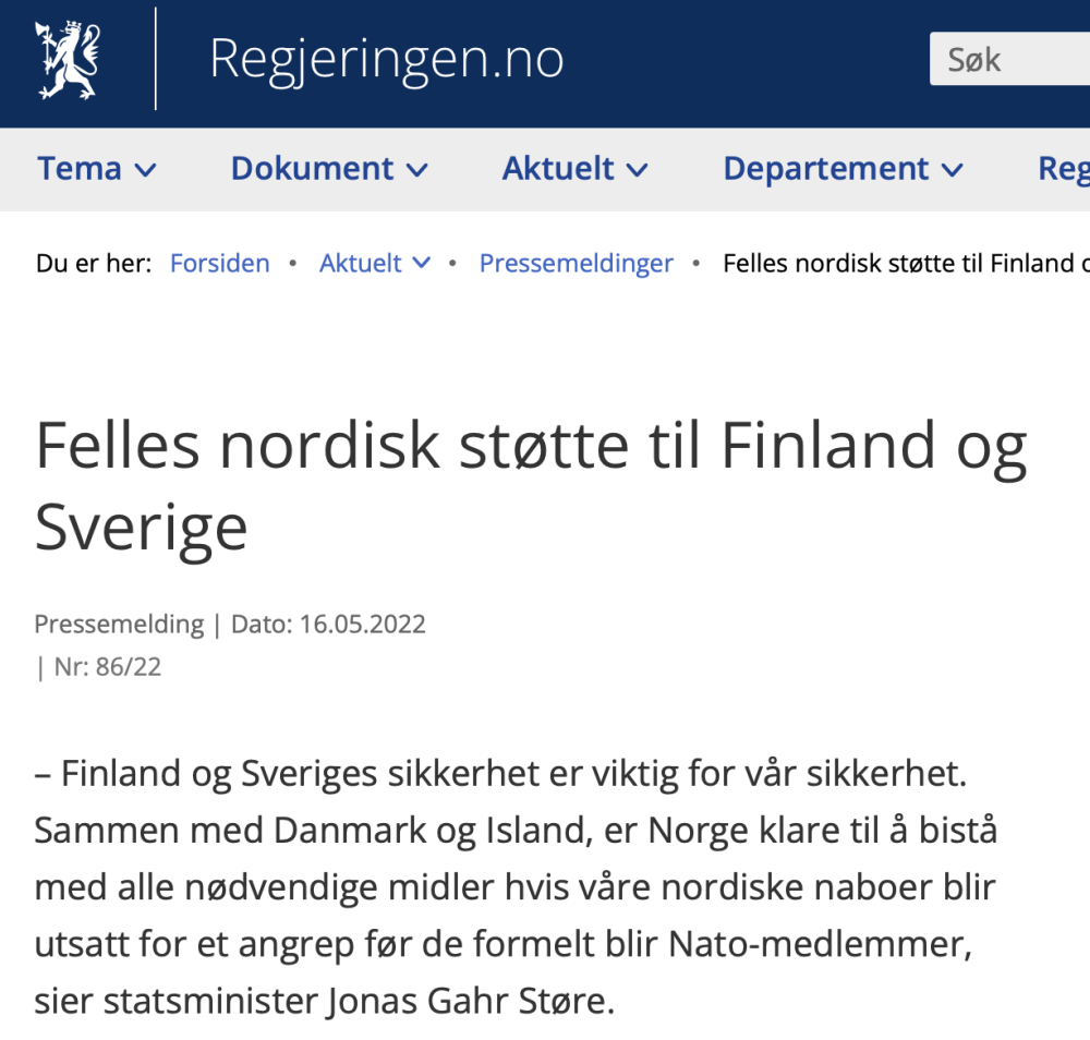 北欧五国“抱团”，丹麦、冰岛和挪威向芬兰瑞典作出安保承诺