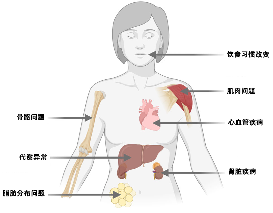 代谢障碍,可导致葡萄糖和脂质代谢失调;脂肪组织和内脏脂肪增多,脂肪