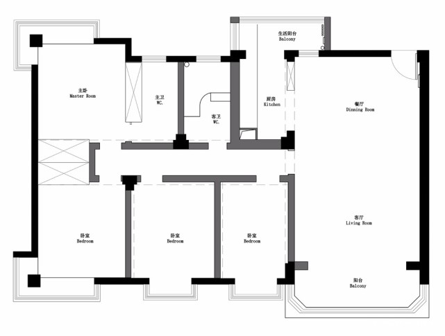 原始結構圖平面佈局圖房子132㎡(使用面積),戶型四室兩廳,其中光裝修