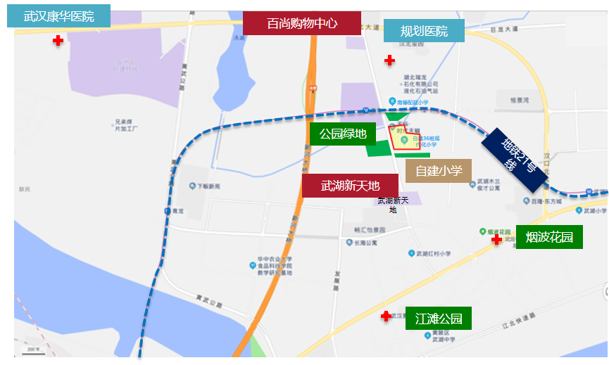 醫療配套:武漢景嶽醫院,武漢康華醫院,地鐵小鎮國際醫院(規劃).