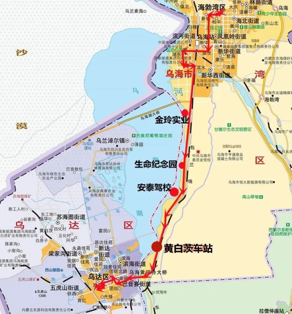 k2城際快速公交運行線路圖:車輛由烏海火車站北路始發,途經站點為