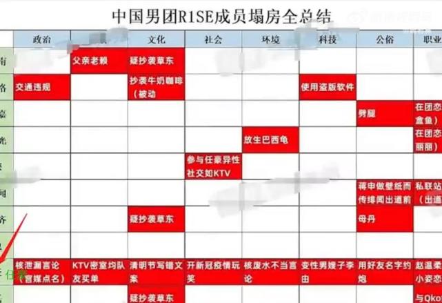 年年塌房年年不重样,还有网友总结了r1se男团成员塌房的表格,从文化
