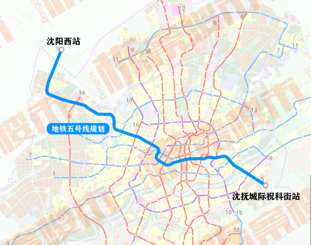 地铁5号线远期线路规划沈阳西站-沈抚城际祝科街站,途径东湖,东沈河