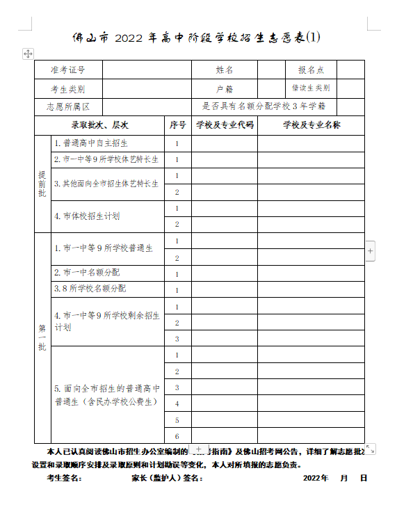 中考志願填報必備佛山各區志願填報表及各層次可填學校