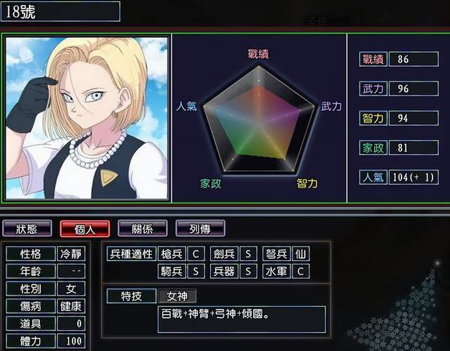 拉姿丽(战绩86,武力96,智力94,家政81,人气104)特兰克斯(战绩105,武力