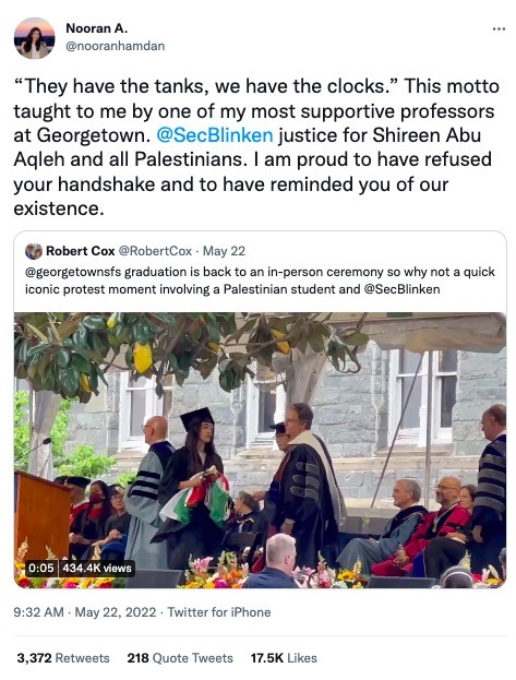 布林肯在乔治城大学遇尴尬一幕，巴勒斯坦裔毕业生拒绝与其握手肃宁李铁桥