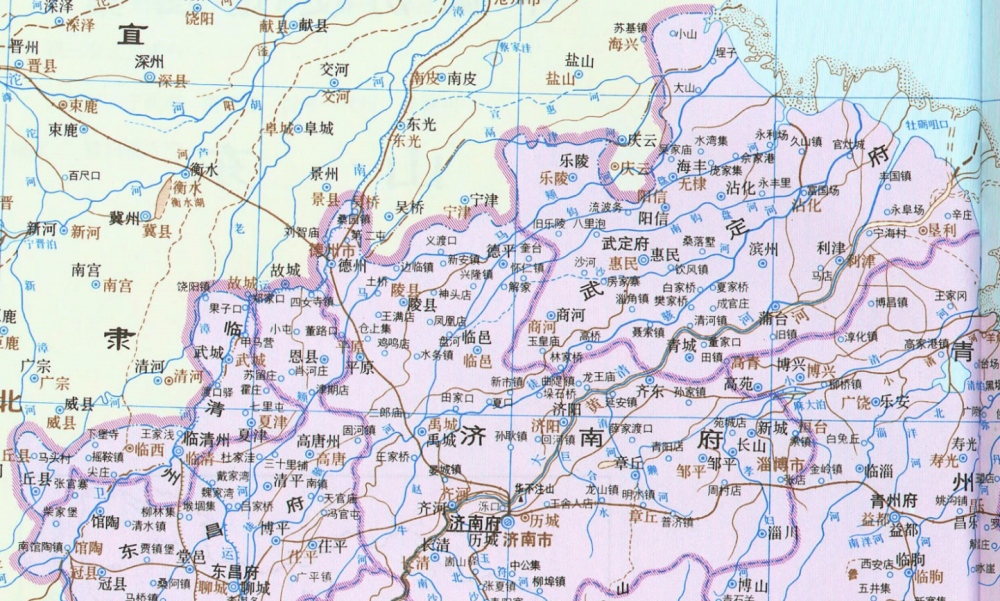 清朝山東省地圖上有徒駭河,馬頰河,鬲津河山東濟南府,東昌府距離天津