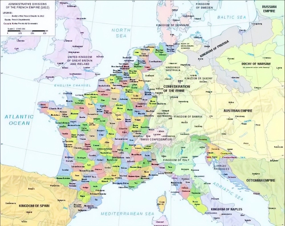 1812年时期法国地图,包括低地地区拿破仑掌握法国政权后,欧洲各诀主