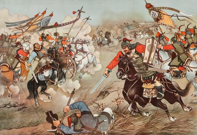 1958年装饰年画《长平之战》,兵器战车铠甲严谨呈现