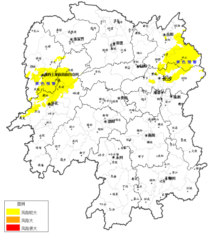 黃色預警區域:長沙市望城區南部,長沙縣,瀏陽市西北部; 岳陽市岳陽縣