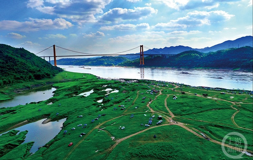 鸟瞰重庆江心岛麻柳南坪坝岛风吹草地现牛羊