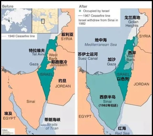 越戰越勇,其後幾十年間,通過五次中東戰爭,先後佔領巴勒斯坦全境