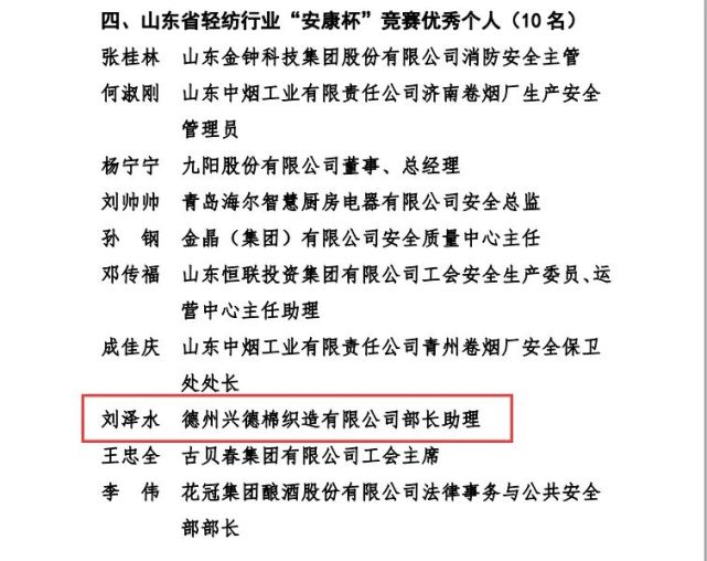 刘泽水现任德州兴德棉织造企管部部长助理,是公司"安康杯"竞赛活动