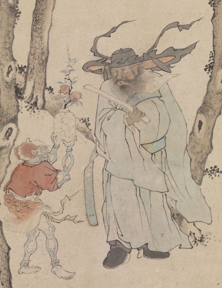 笏版,置身寒林中,谛视鬼仆捧来一瓶代表五月的石榴和能延年益寿的灵芝