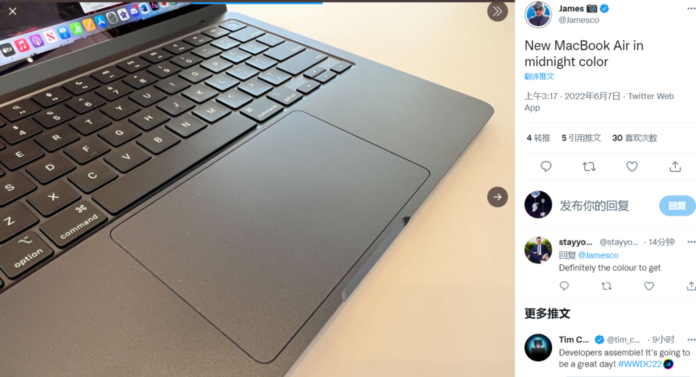 苹果m2macbookair2022款午夜色星光色真机图亮相