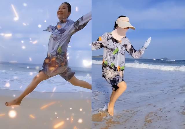 57岁于文华海边嗨玩拎起裤腿在岸边踩水沙滩上狂奔跳跃太兴奋