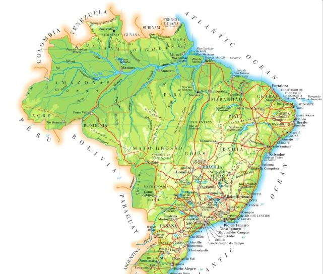 巴西全境地形分为亚马逊平原,巴拉圭盆地,巴西高原和圭亚那高原四大