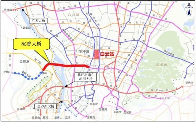 沉香大桥具体线路西起佛山市里水镇里广路,向东以路基形式沿规划金峰