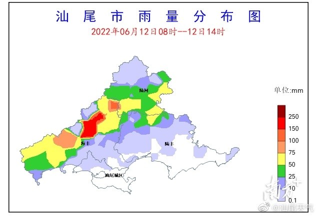 6月12日8时至14时,受季风影响,海丰县沿莲花山脉的乡镇突发暴雨到大