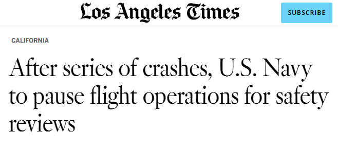 接连发生3起严重坠机事故，美国海军战机全面停飞