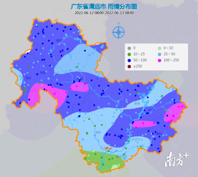 根据广东省水文局雨量站点监测统计,12日20时至13日8时,清远地区面