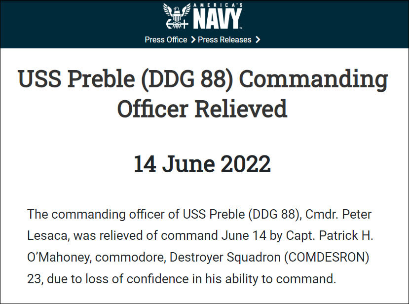 “对指挥能力失去信心”，美海军一周内解职五名指挥官职务
