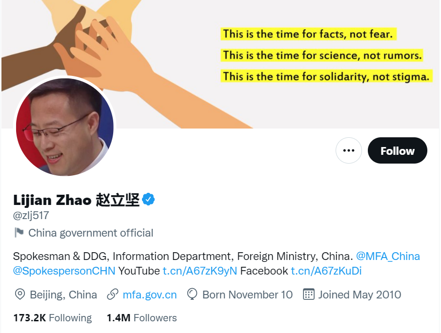 中国外交部发言人赵立坚的推特账号美国一些精英这就受不了了,他们