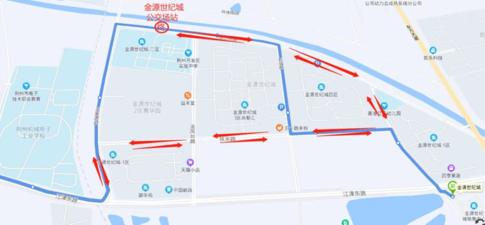 (红色箭头为调整后行驶路线,蓝色线条为调整前行驶路线)来源:荆州公交