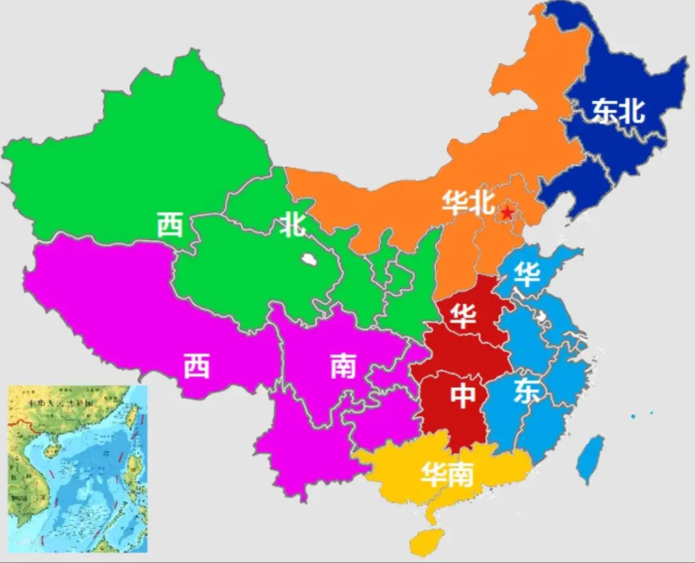 划分为华中,华北,华东,华南,西北,西南,东北,其中,华南地区包括广西