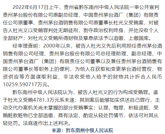 受贿超1亿 贵州茅台公司原副总经理杜光义一审被判无期