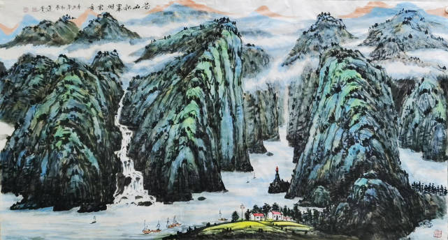 傅贵老师在自己的山水作品中,充分展示出他掌握的传统绘画功力.