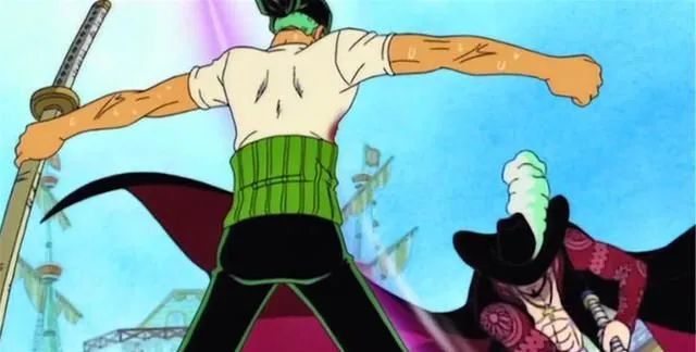 索隆输得很彻底,以背后受伤为耻的他,转过身来,让鹰眼从正面挥刀.