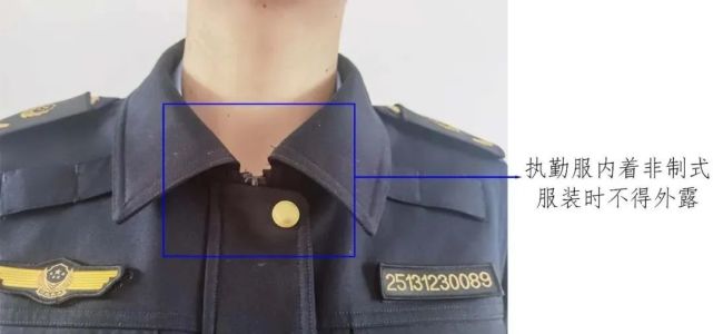 着执勤服(含冬执勤服)时,穿配套制式裤子,佩戴套式肩章,臂章,软胸徽