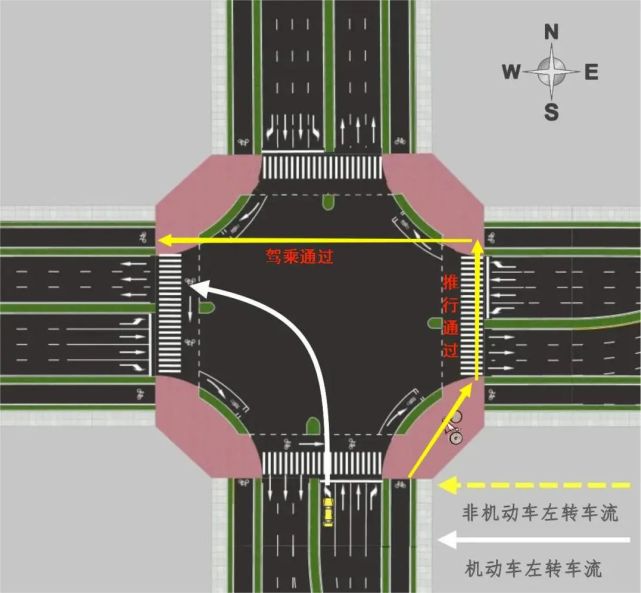 非機動車線內停靠道路的最右側非機動車道,在左轉彎綠燈亮起之後沿