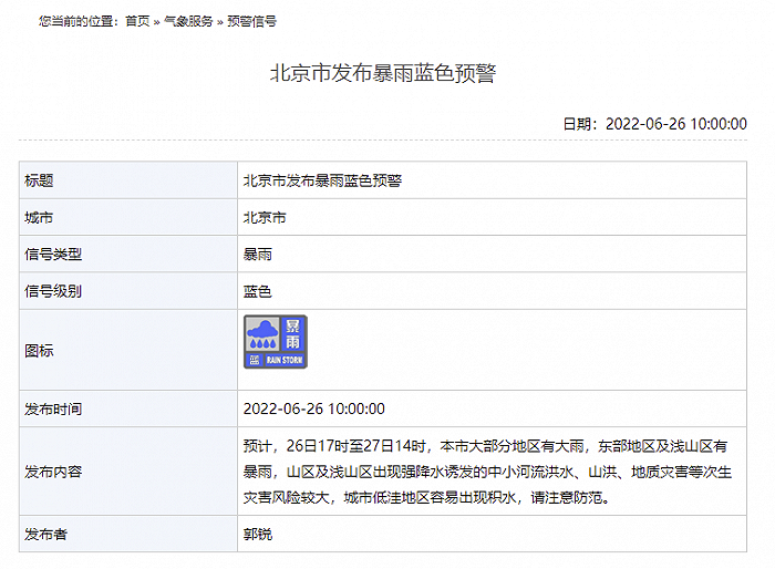 北京市发布暴雨蓝色预警