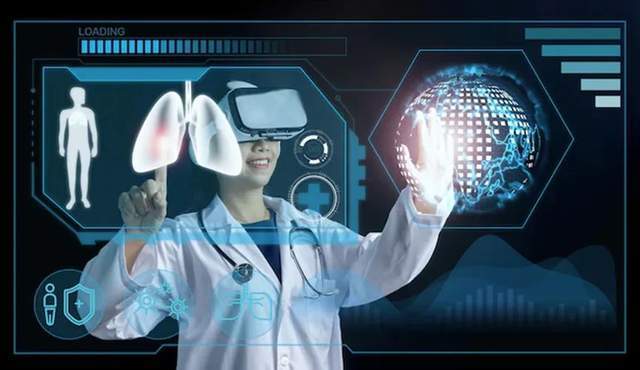 图片展示了一位穿着白大褂的医生戴着虚拟现实头盔，正用手指触摸着前方的高科技三维图像。