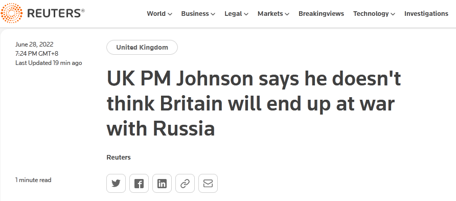 快讯！约翰逊称不认为英国会与俄罗斯开战：不会发展到那一步