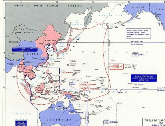 图为太平洋战场形势图,美国是以海上机动作战的方法对抗日本以主力