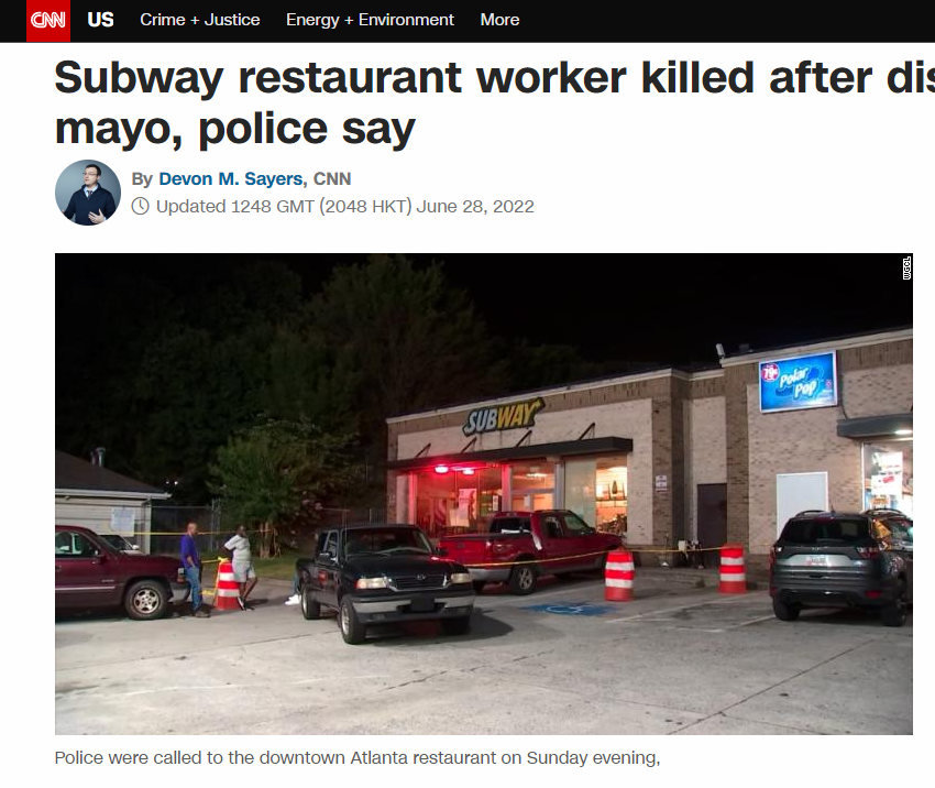 美国餐厅两名女员工中枪一死一伤，只因顾客嫌蛋黄酱放太多