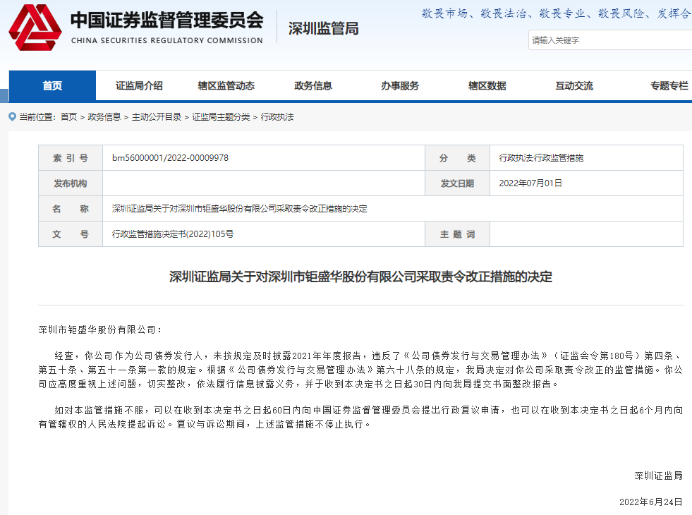 未按规定及时披露2021年年度报告深圳证监局对钜盛华采取责令改正措施