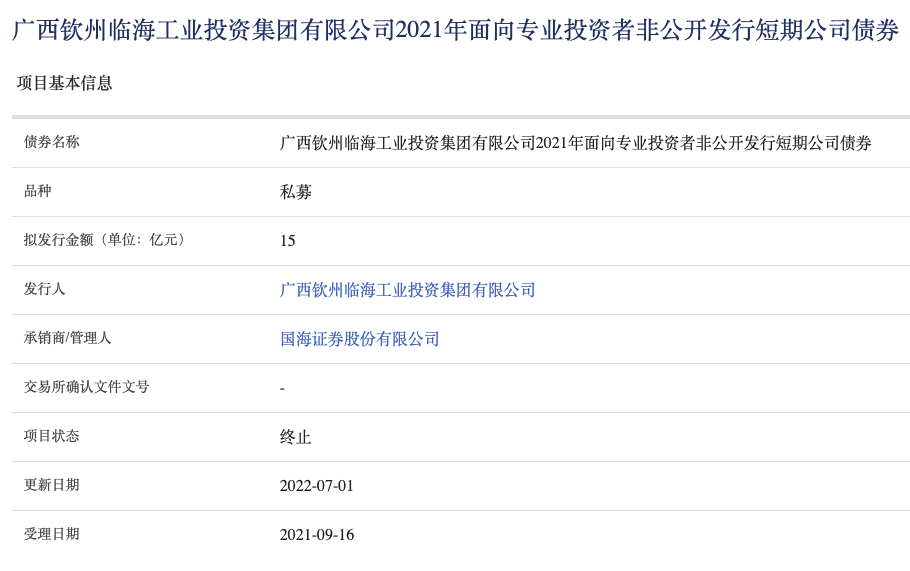 广西钦州临海工业集团公司15亿元私募债项目状态更新为“终止”