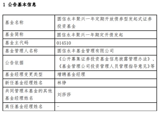 圆信永丰聚兴一年定开债增聘基金经理林铮上周刚成立