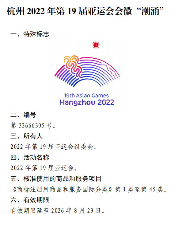 杭州亚运会会徽潮涌特殊标志有效期延至2026年8月29日