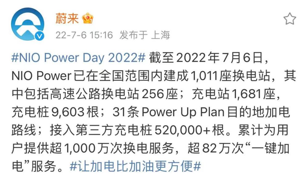 蔚来：NIOPower已在全国范围内建成1011座换电站