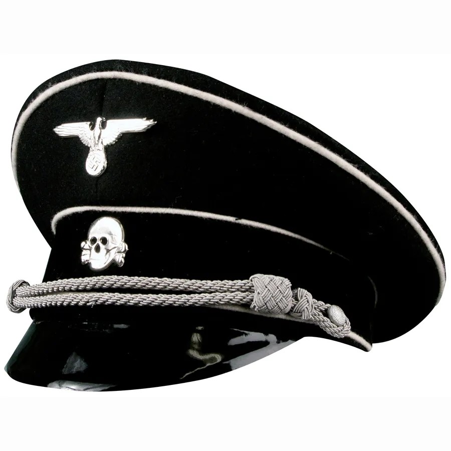 图13:党卫军帽徽,注意鹰徽上鹰头向右,以及骷髅头标志图14:国防军帽徽