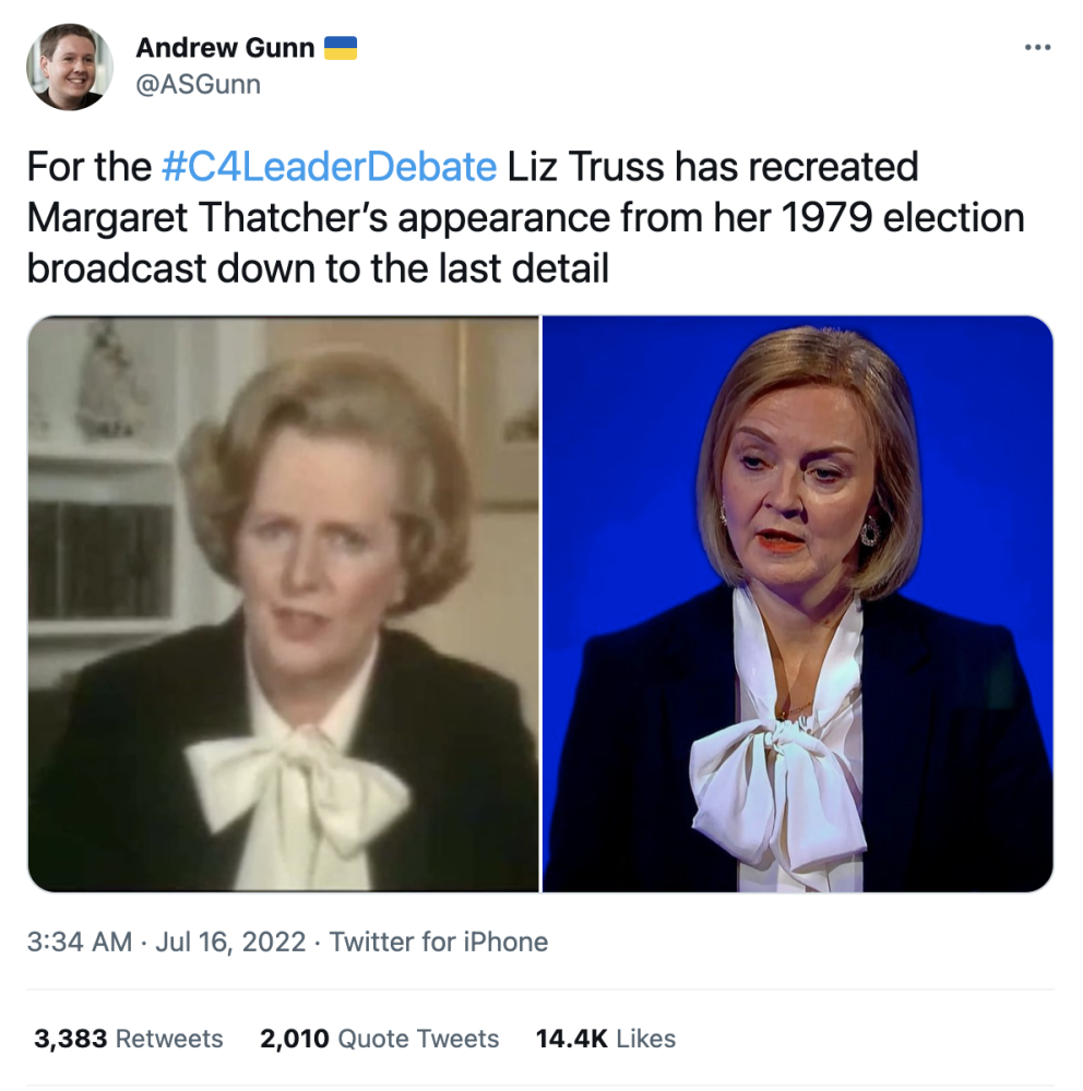 特拉斯参加保守党党首竞选辩论，网友发现：她着装模仿撒切尔夫人